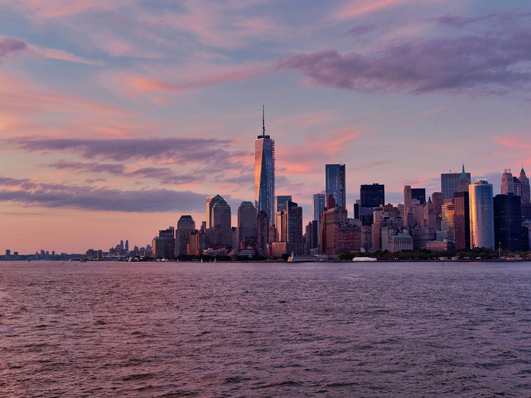 The Lower Manhattan skyline at sunset